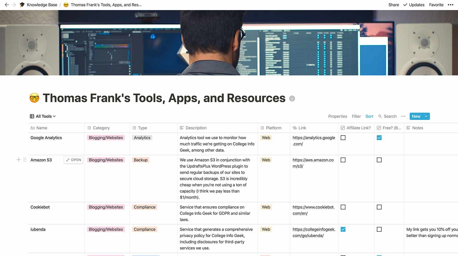 Thomas Frank - All Tools and Apps Notion Database