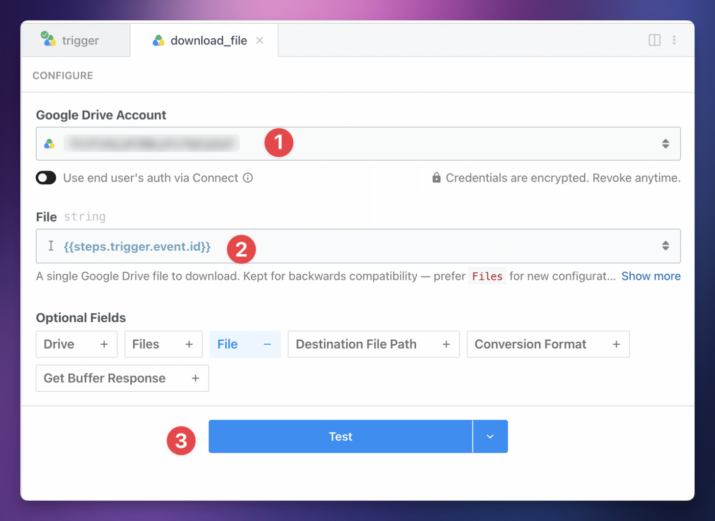 The fully configured download file step for Google Drive.
