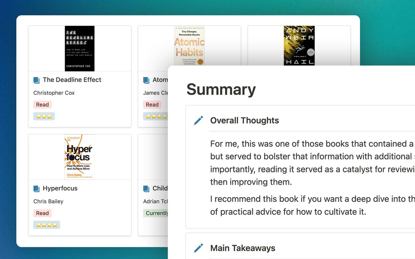 Book Tracker view in Ultimate Brain