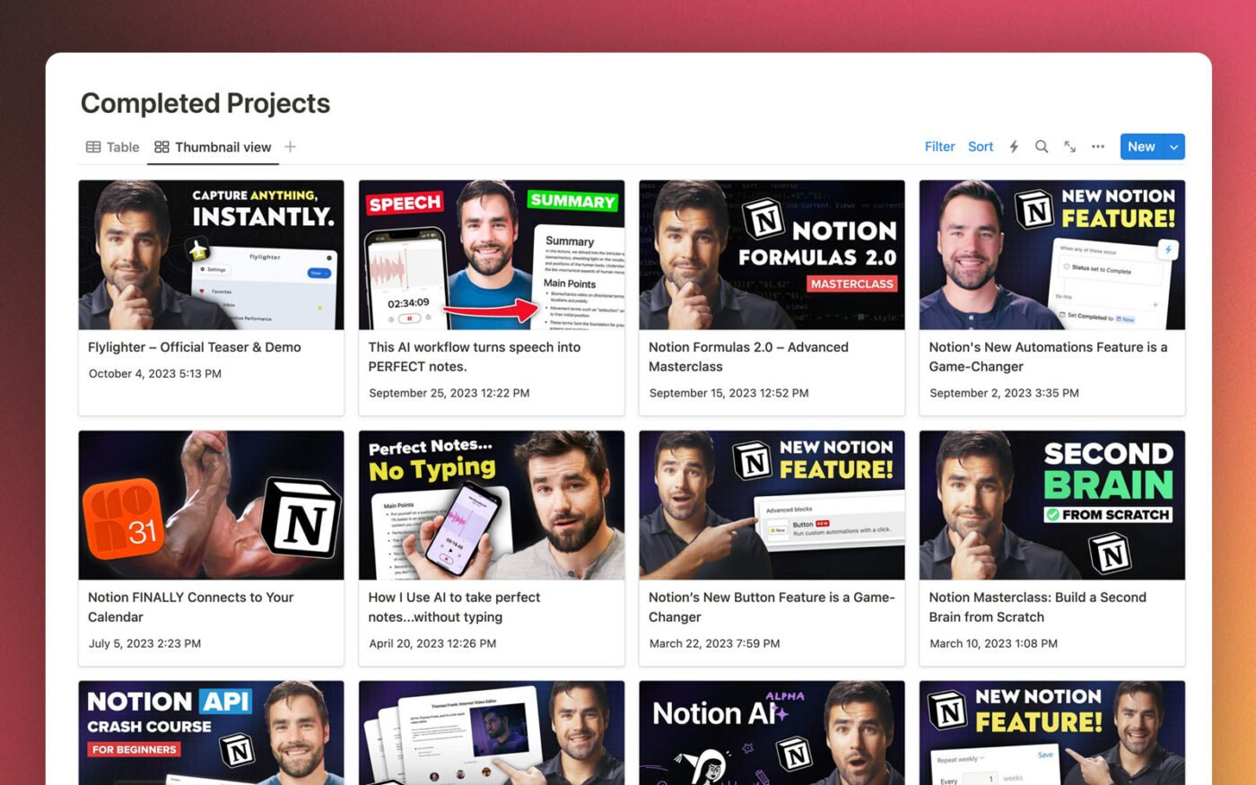 Channel Archive showing finished video thumbnails