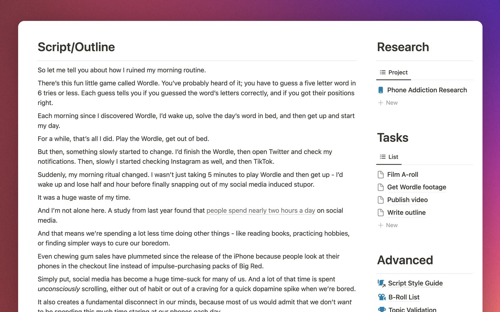 Script and research for a video project