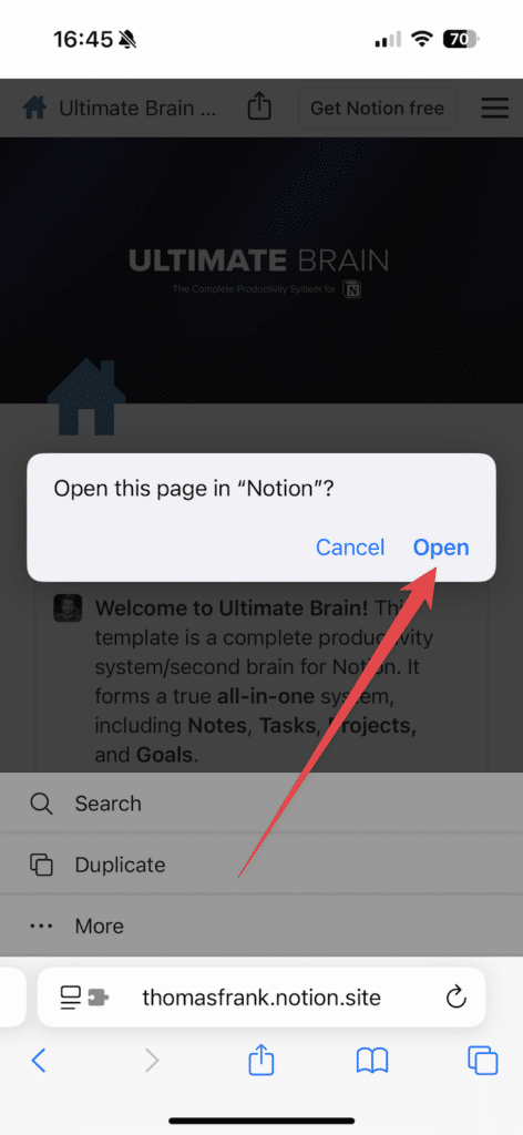 Opening the page in the mobile app.