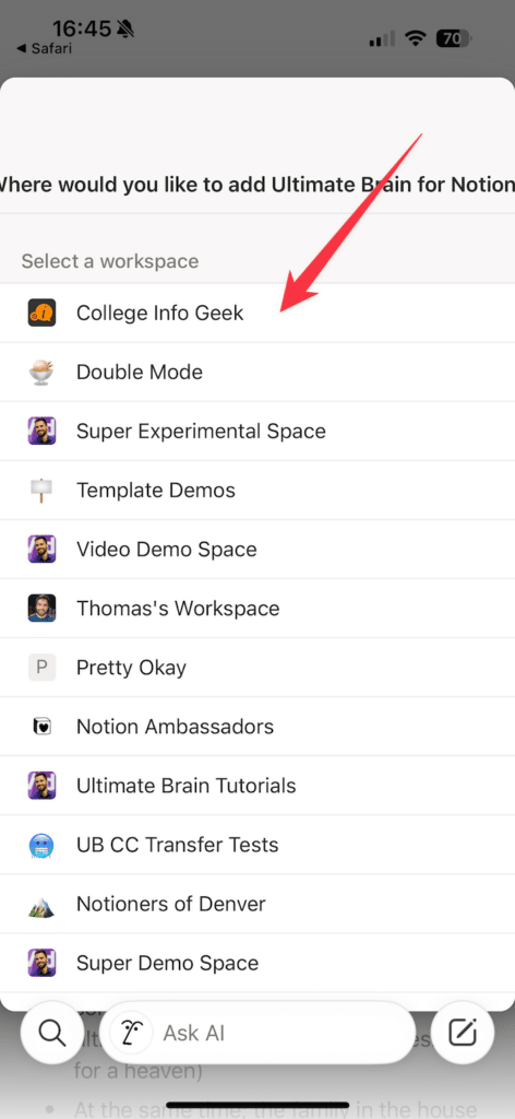 Choosing a workspace.