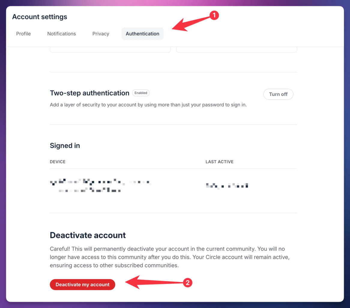 The Authentication tab, which contains the Deactivate my Account link.