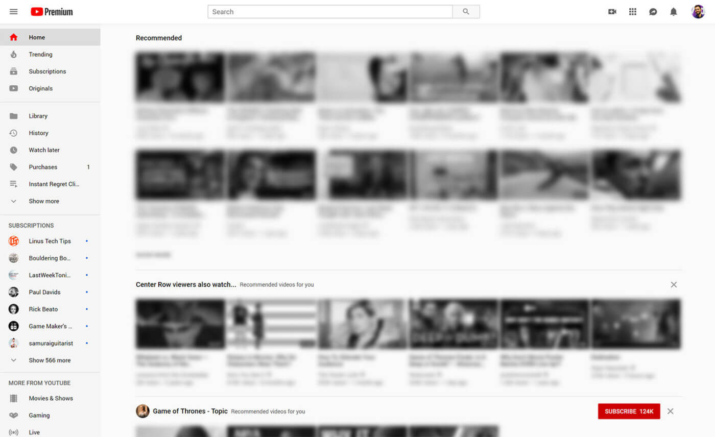YouTube Homepage with Blurred Images