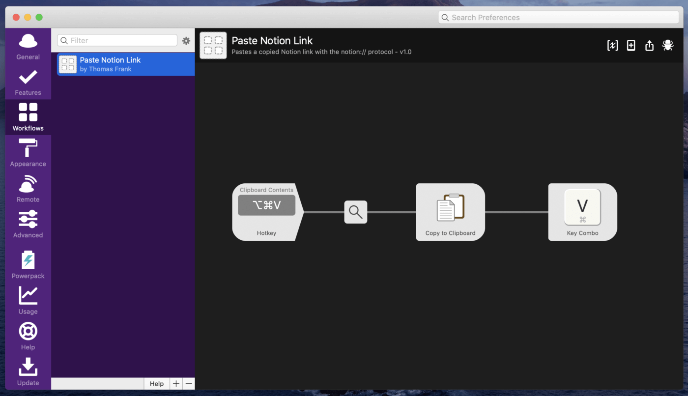 Notion link sharing workflow in Alfred's Workflows pane.