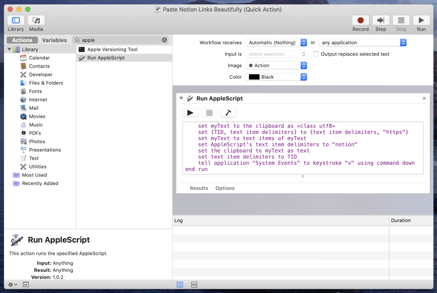 MacOS' Automator app with a script set to modify a Notion link.