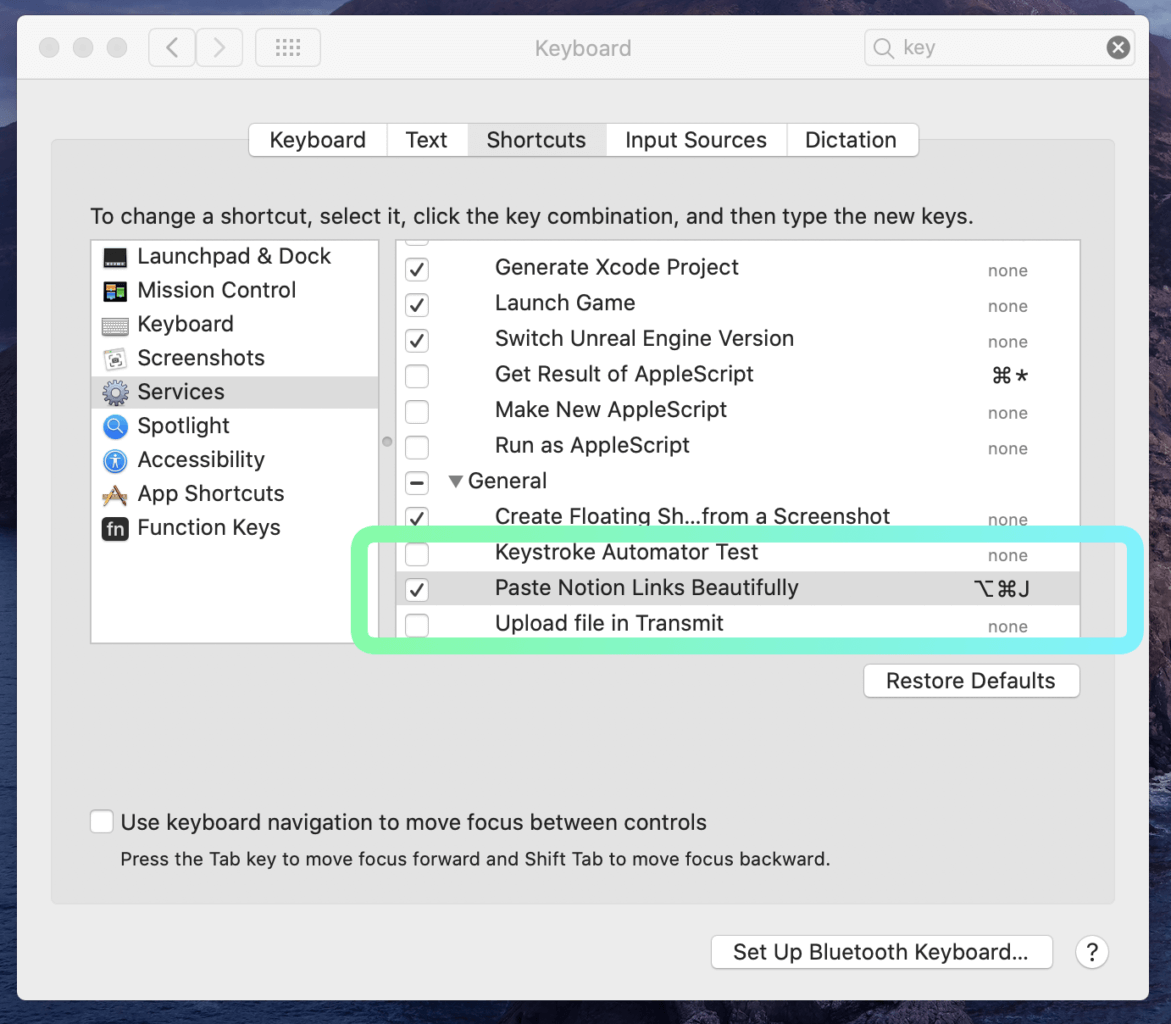 Creating a keyboard shortcut within MacOS settings.