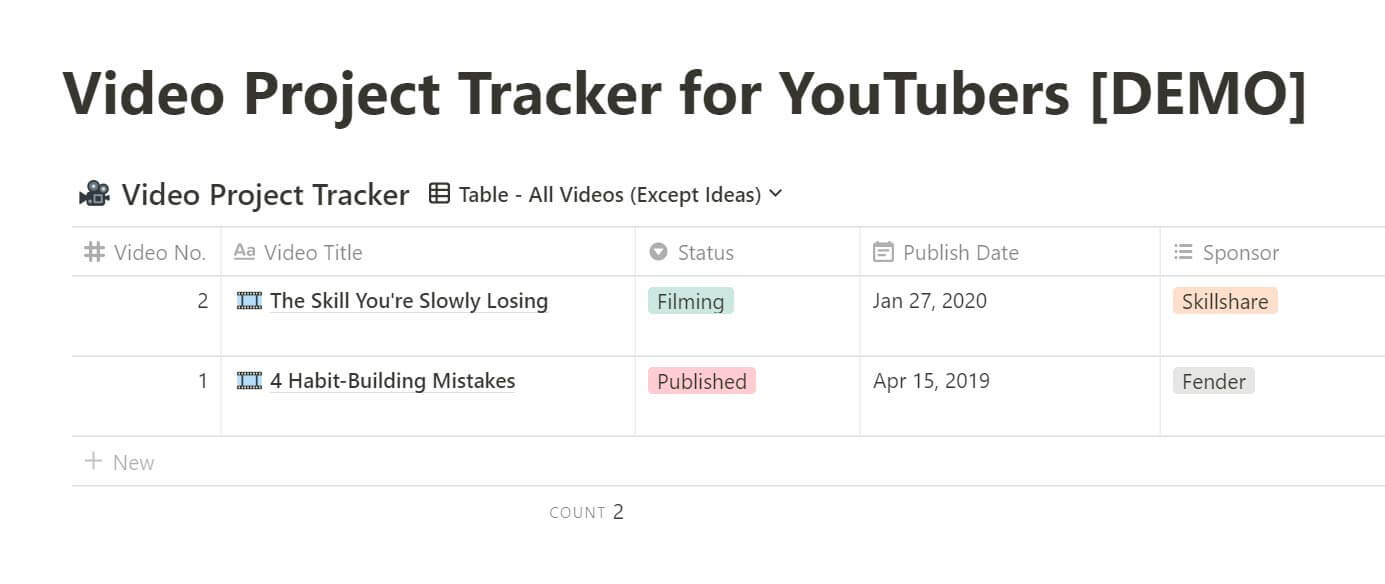 Video Project Tracker in Notion