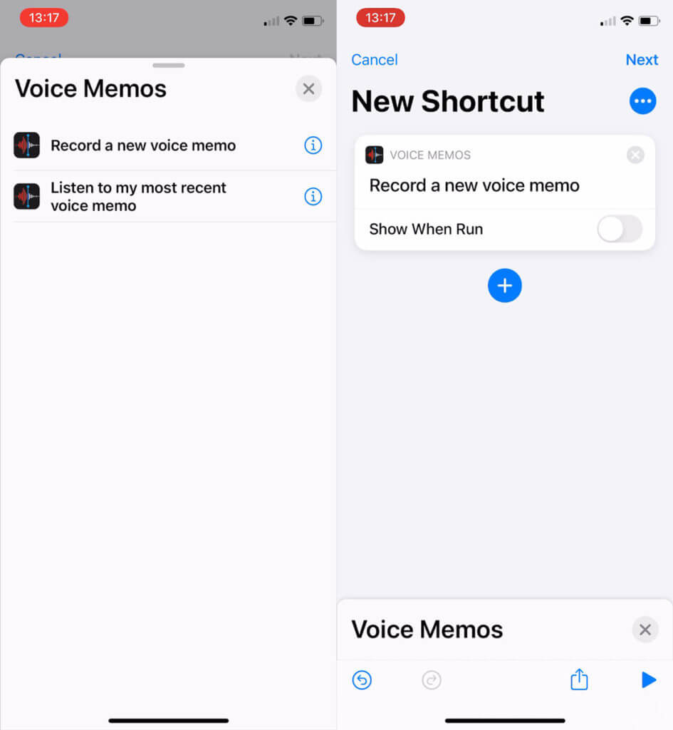 Shortcut to record a voice memo in iOS