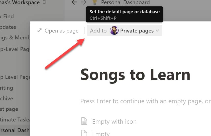 New page default destination in Notion.