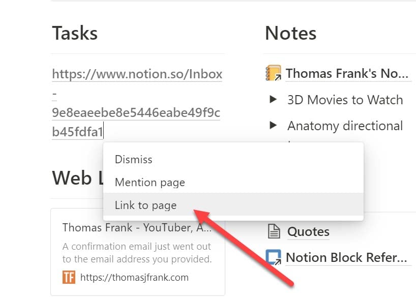 The "Link to Page" option in Notion, shown when pasting a URL.