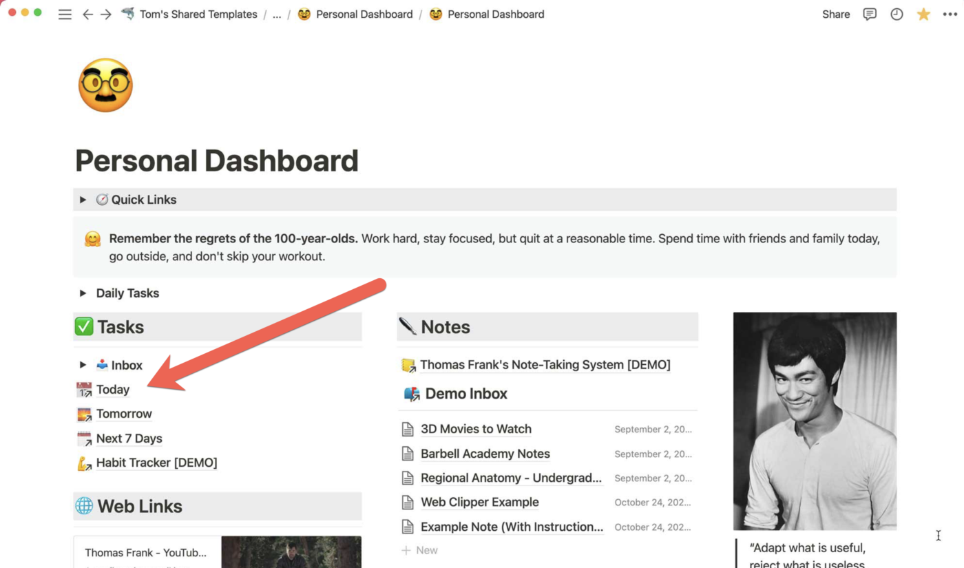 A Notion dashboard containing links to other pages.