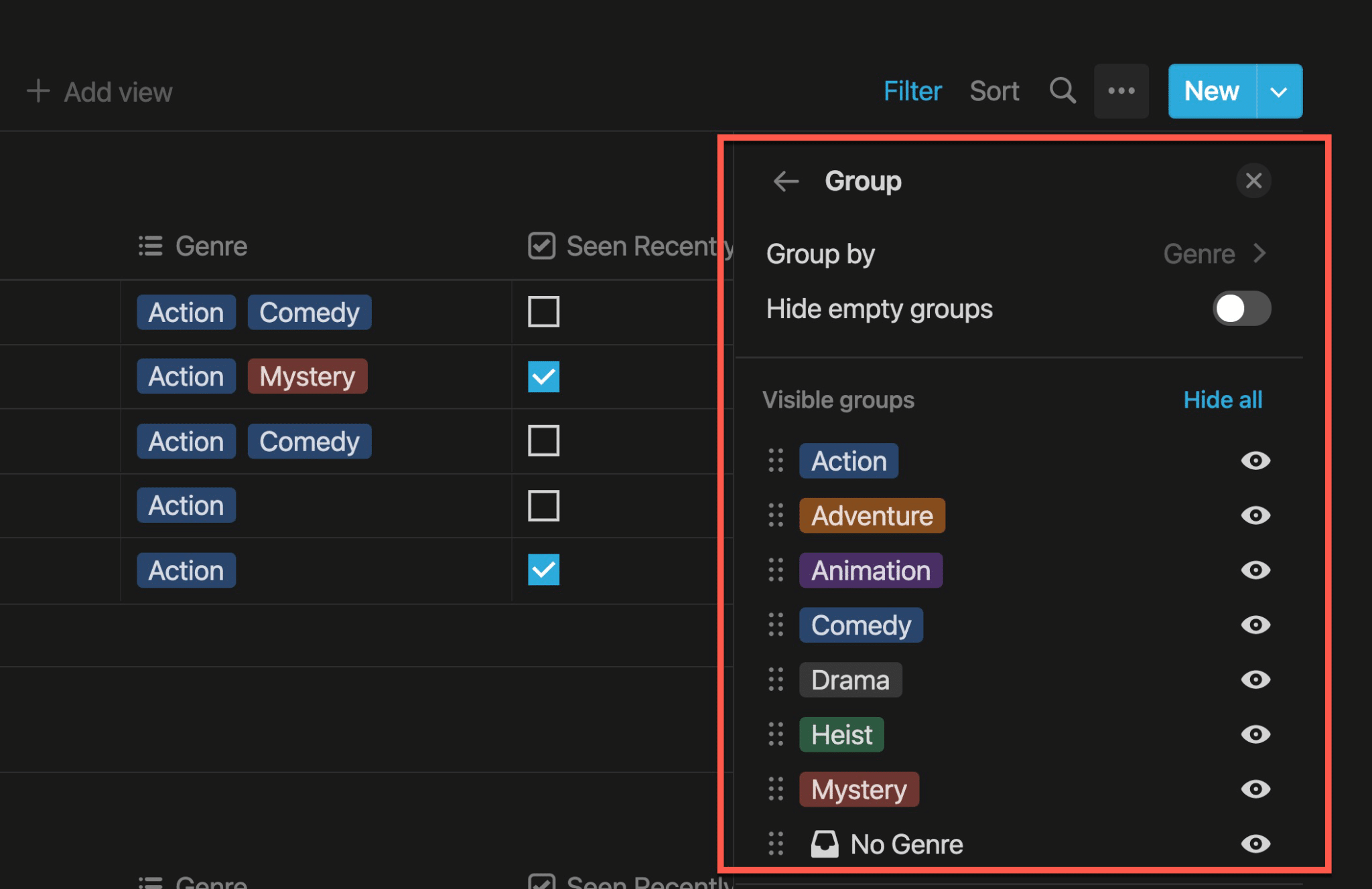 Hiding empty groups in a board when the items are filtered out