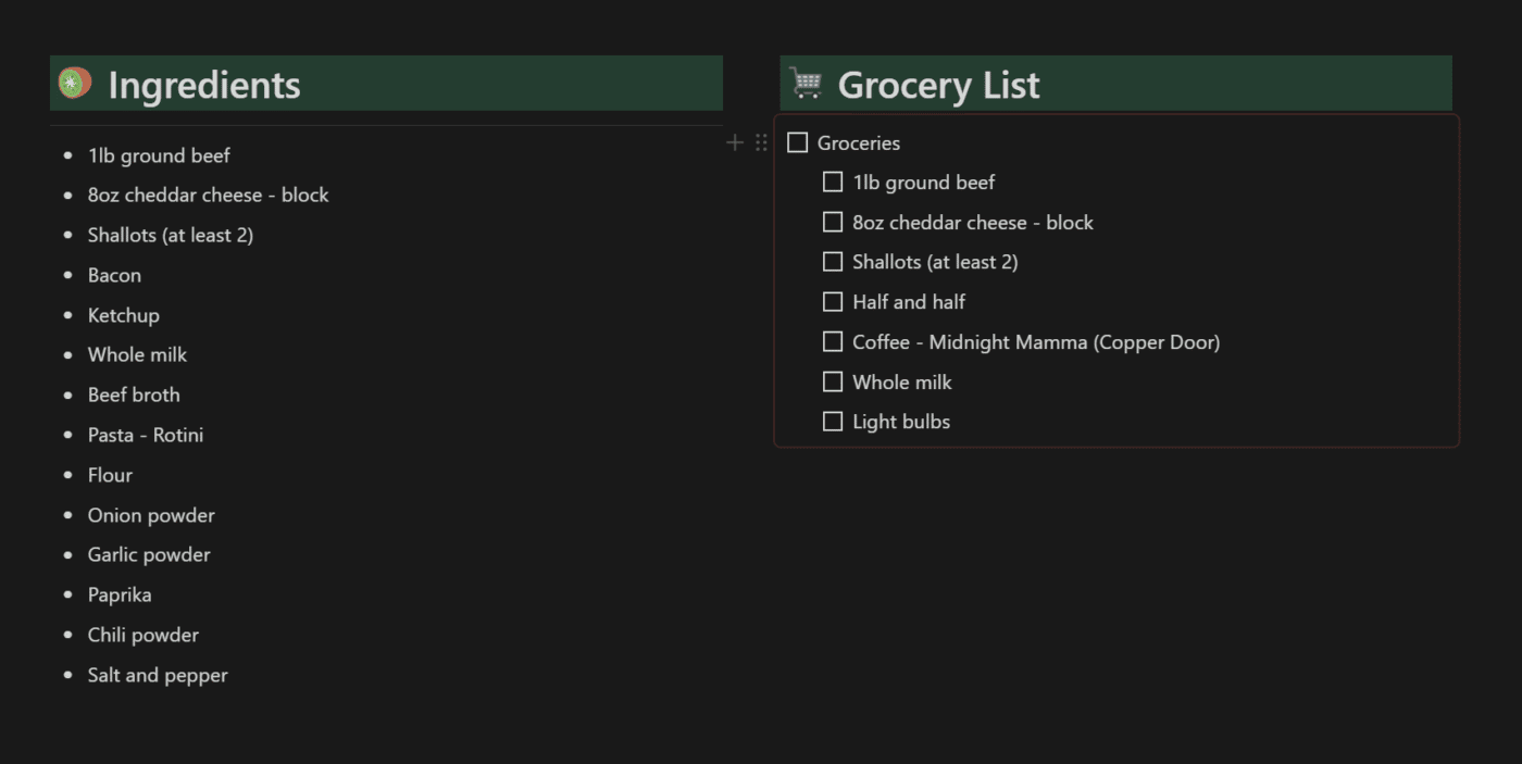 Grocery list synced block in Notion