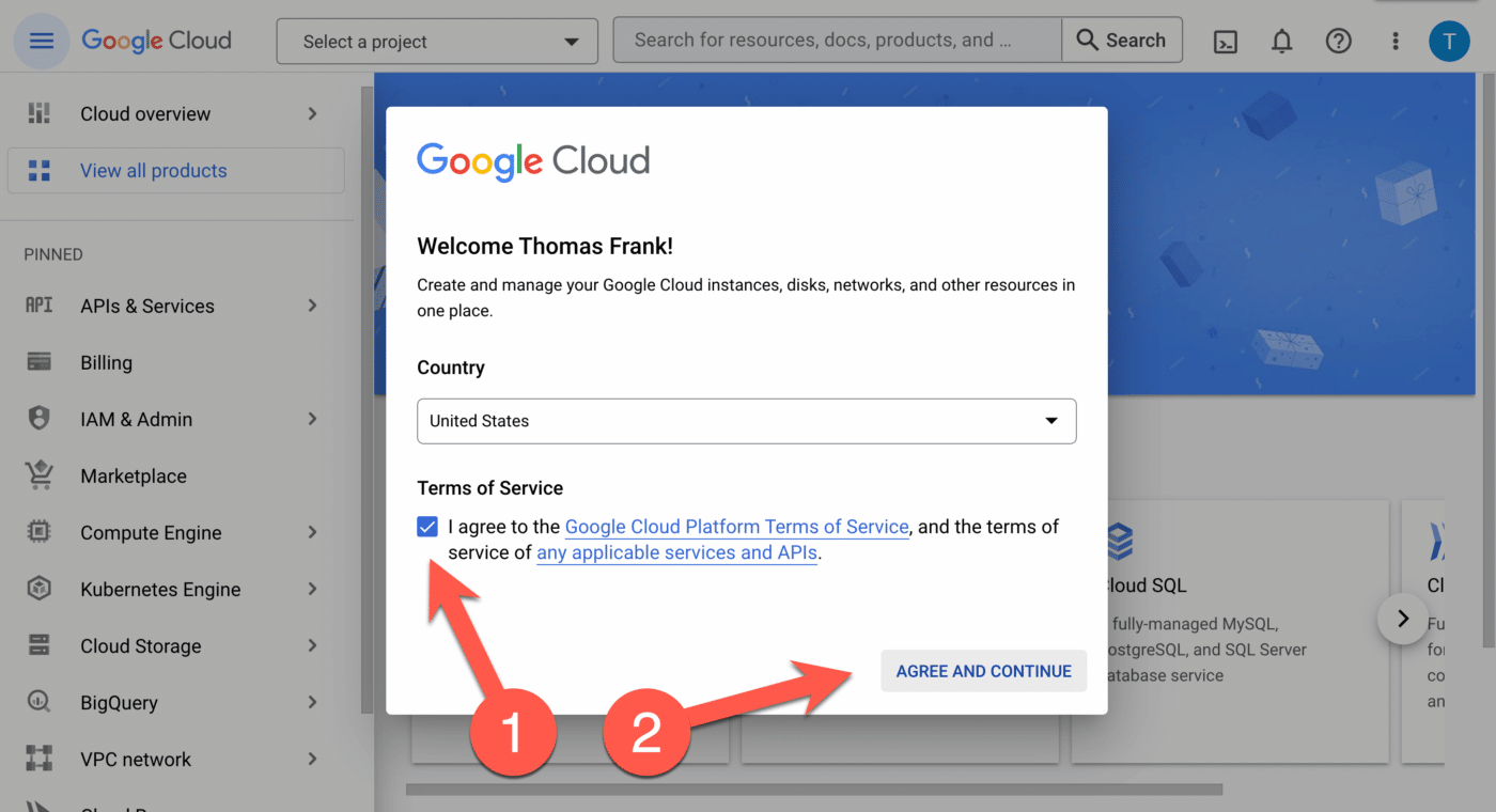 Creating Google Cloud account.