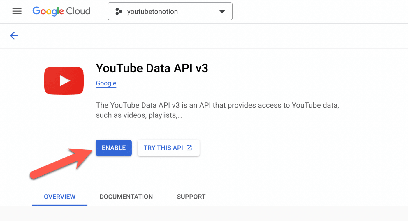Enabling the YouTube Data API v3.