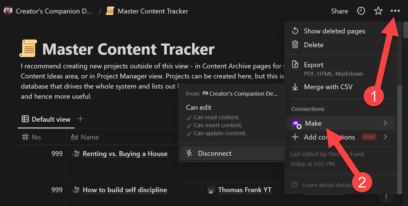 Showing Make in the Connections menu within Notion.