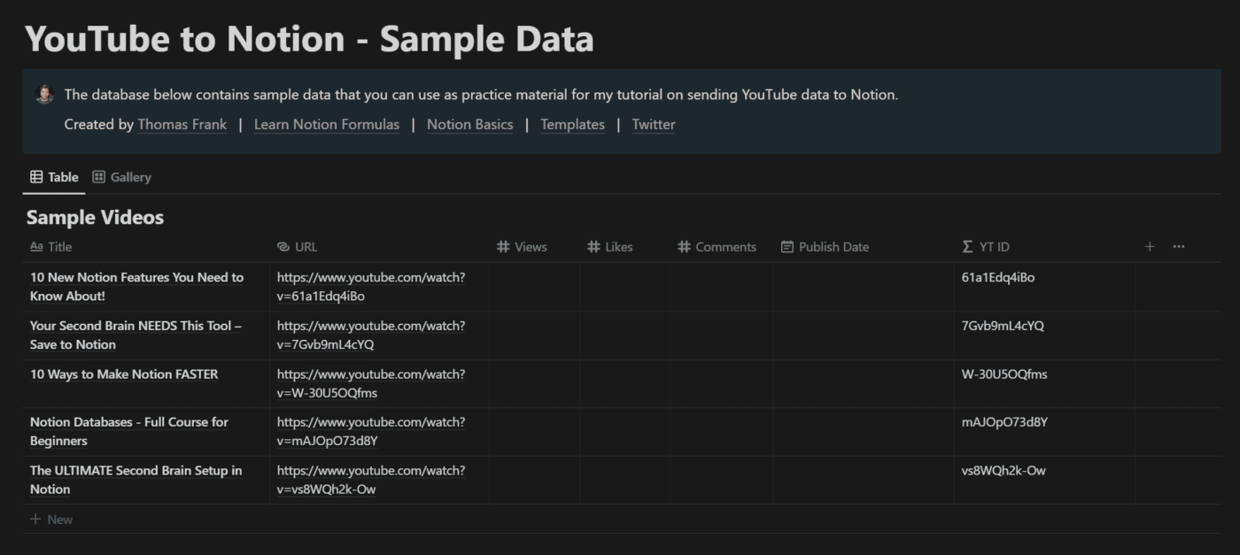 YouTube to Notion - Sample Data Template (free)