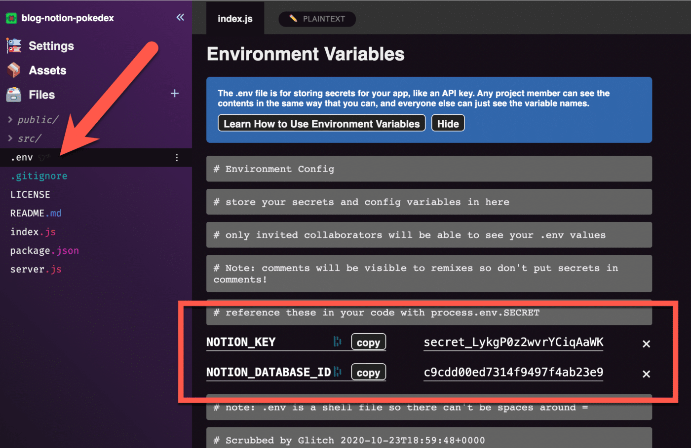.env variables in Glitch