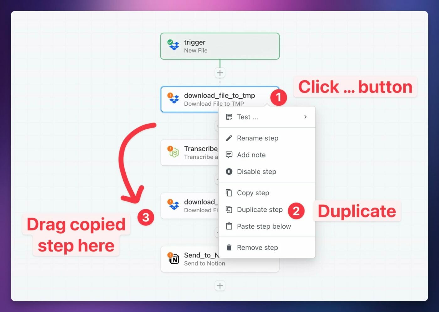 Diagram showing how duplicate and move the Download File step.