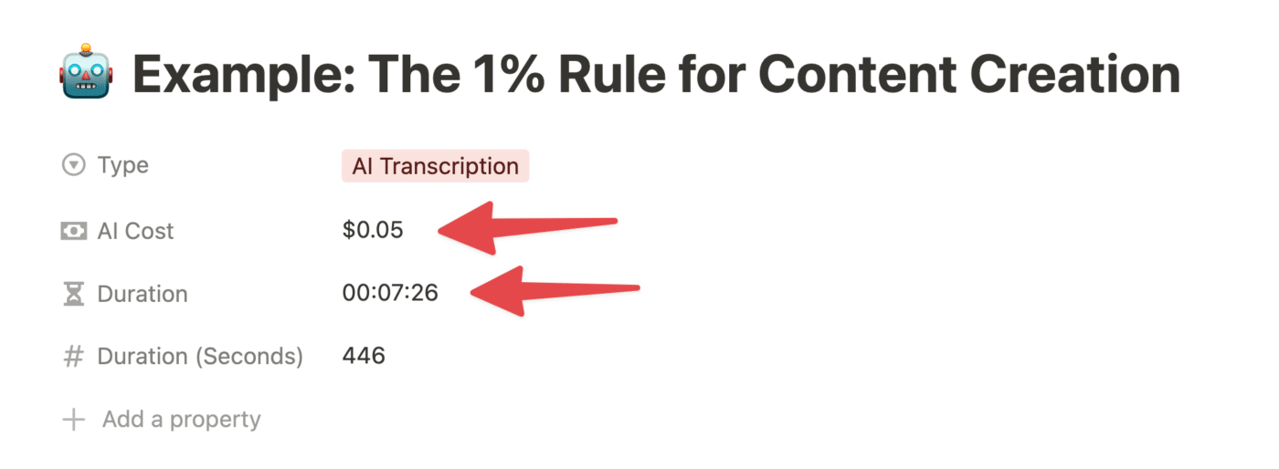 AI cost and Duration properties in a Notion page