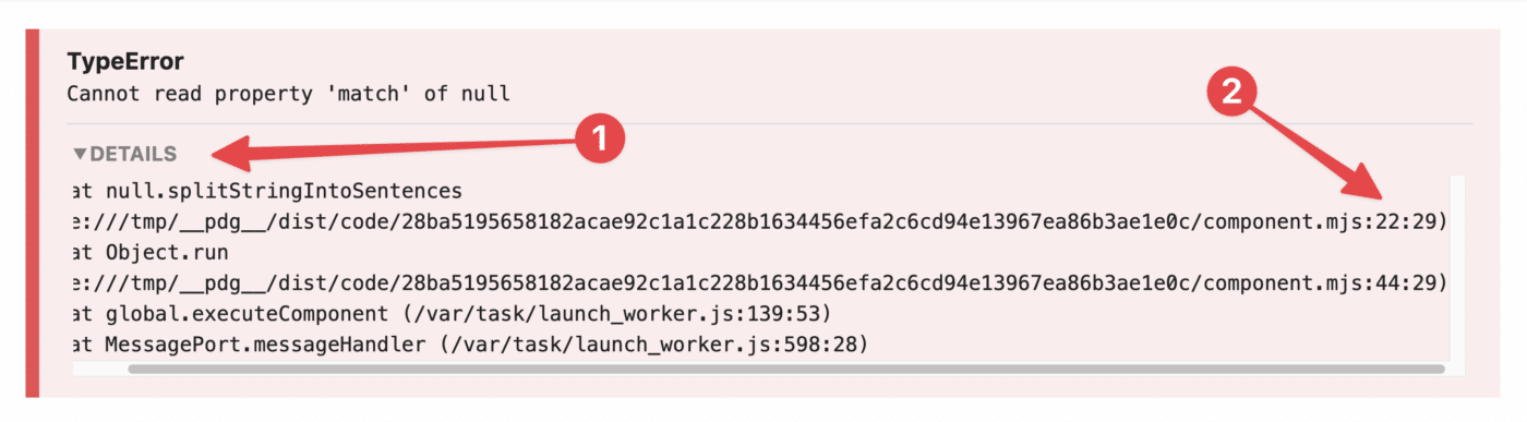 Sample error message, with arrows pointing to Details toggle and line number of the error.