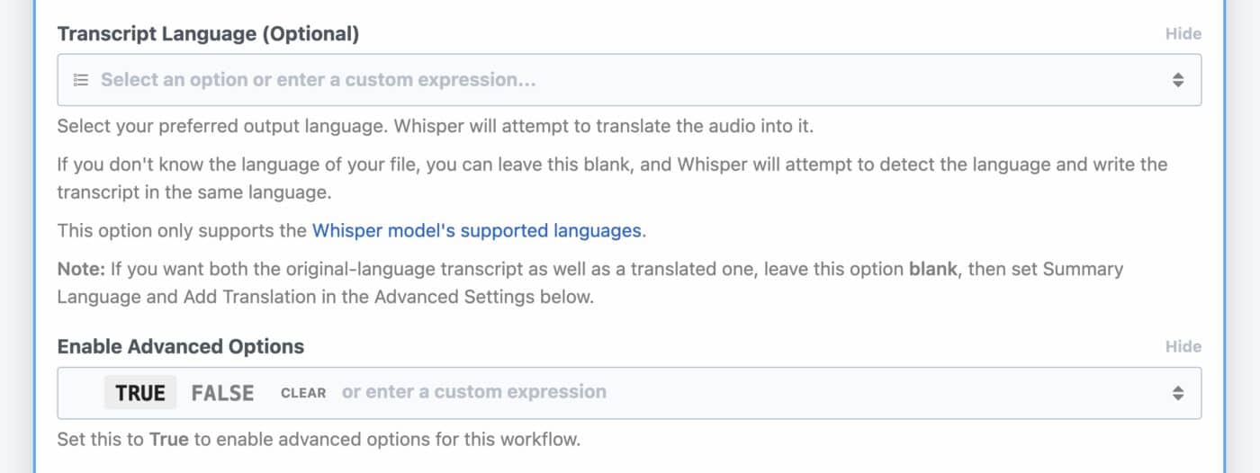 Transcript language option, as well as Enable Advanced Options option.