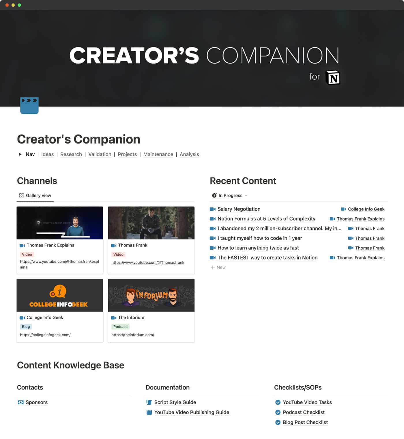 Creator's Companion home dashboard