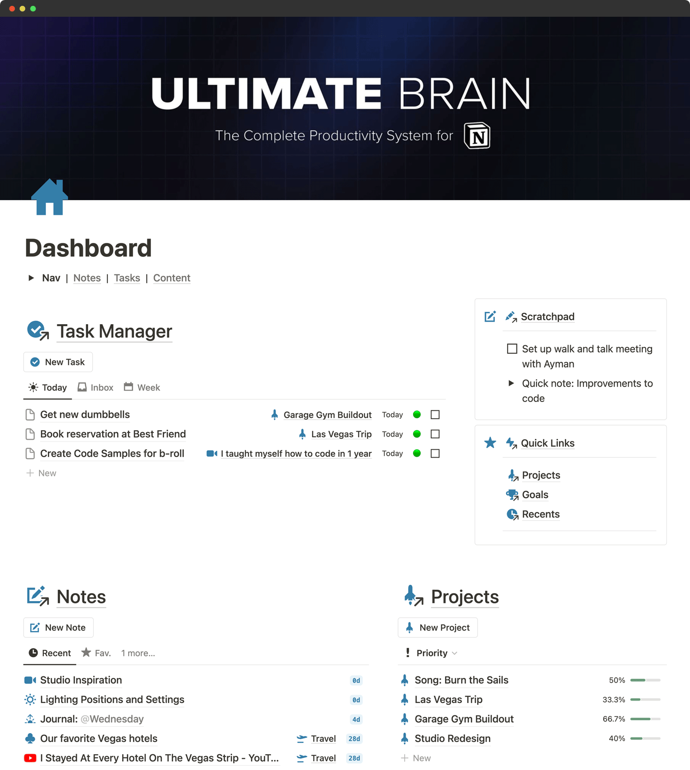 Screenshot of the Ultimate Brain dashboard page, featuring sections for tasks, notes, and projects