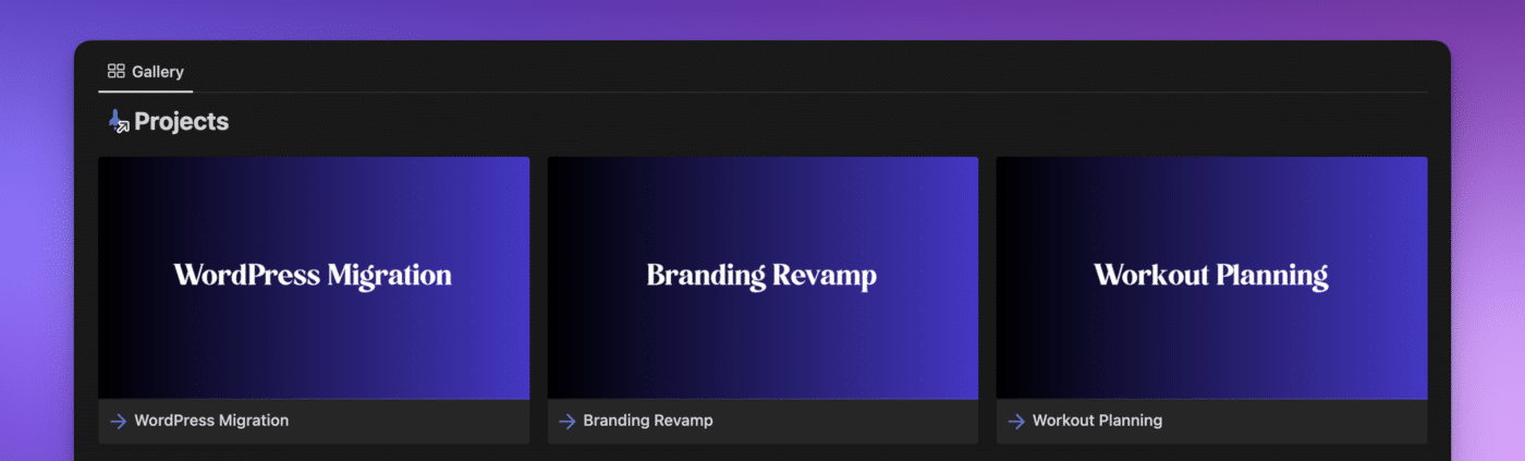 Notion screenshot of a project database as a gallery. Dark blue card covers are shown, plus the page title and icon.