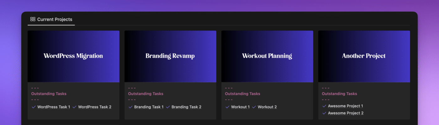 Notion screenshot showing the project database in a gallery view. The card cover is the bespoke graphic we designed. Two properties are being shown. The first is a text property with "outstanding tasks" and the second is a relation property to the task database, showing linked tasks for the project.