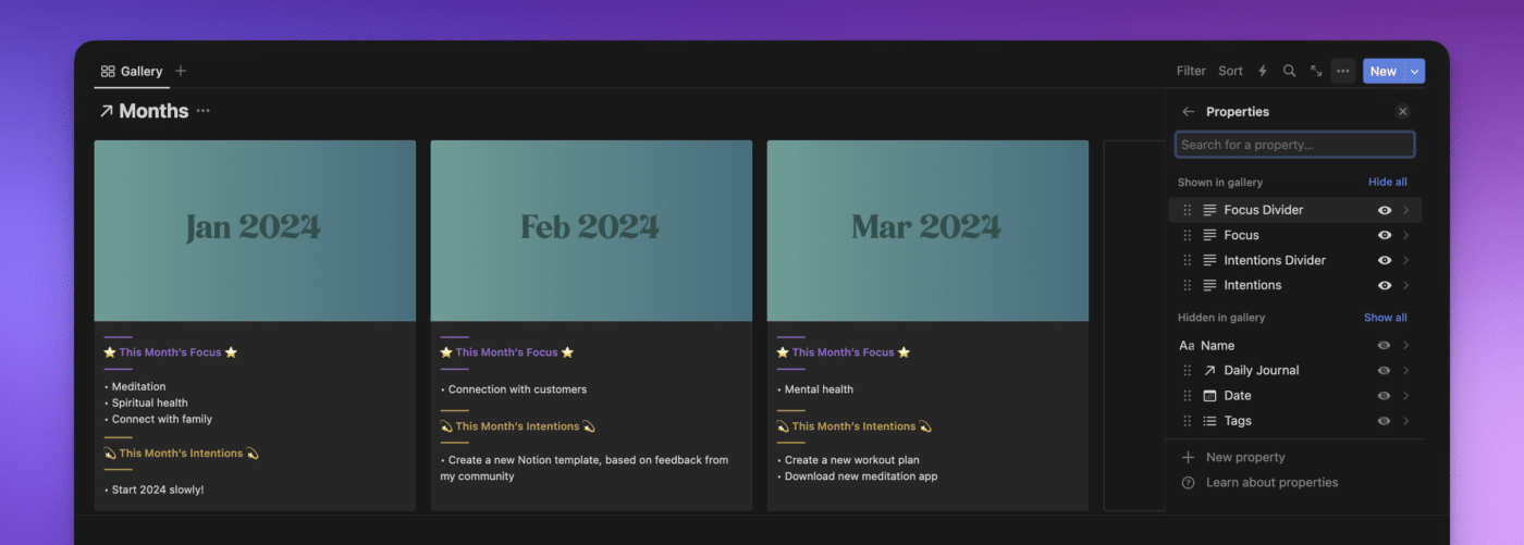 Notion screenshot of the month database with the property modal open on the right. This modal shows that the properties "focus divider," "focus," "intentions divider," and "intentions" are visible in the gallery view.