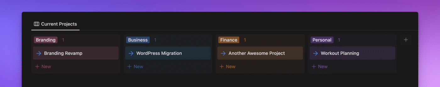 Notion screenshot of the project database in a board view. The column headings from left to right are branding, business, finance, and personal. The backgrounds from left to right are pink, blue, orange and purple. The page titles and icons are showing in this view.