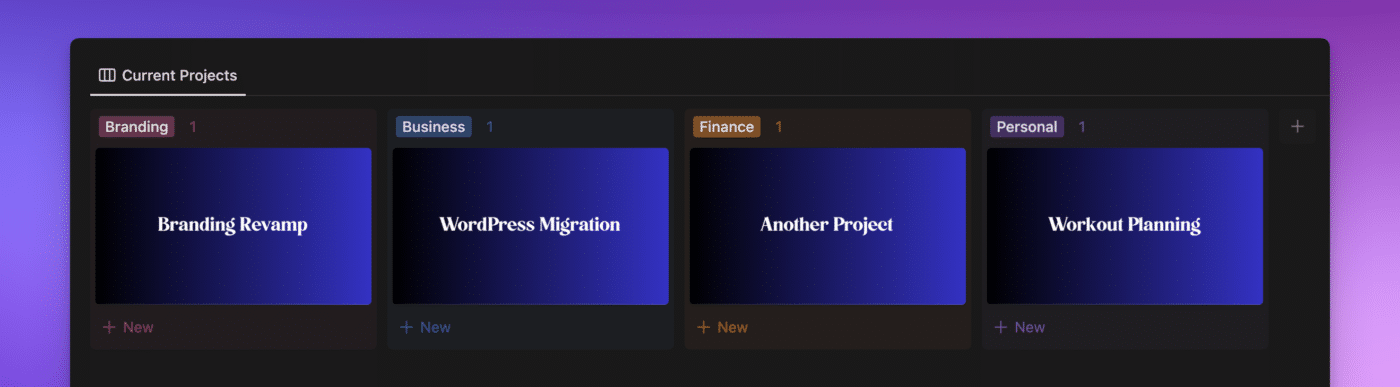 Notion screenshot of the project database in a board view showing colored columns and the cover image as a custom graphic. The page title is hidden in this view.