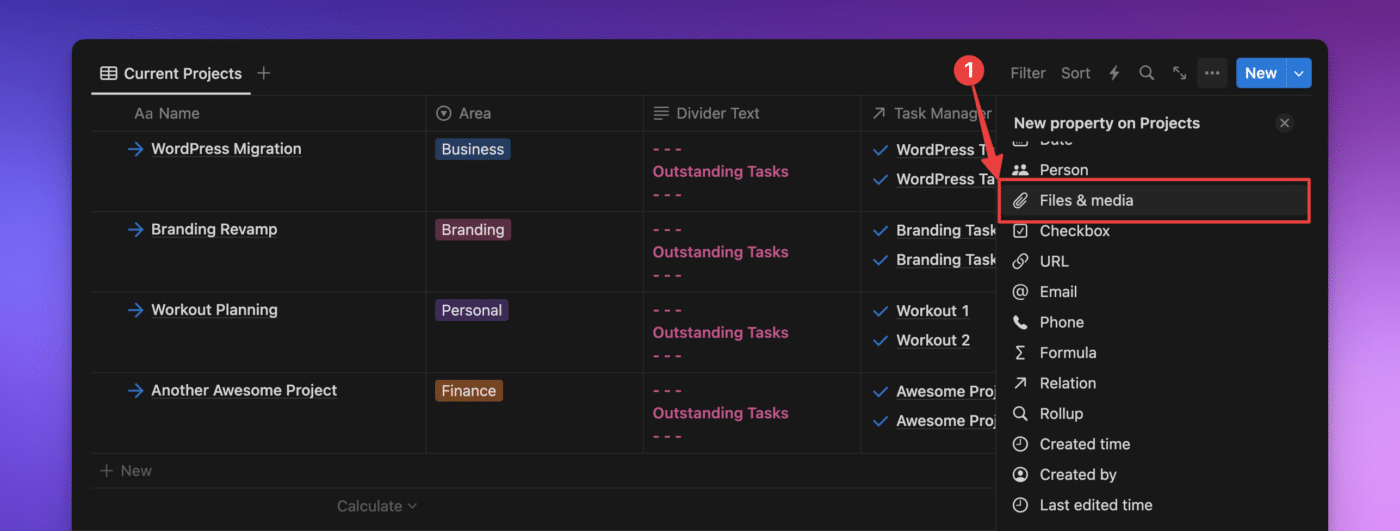 Notion screenshot showing a red box around the "Files and media" property option in a table view.