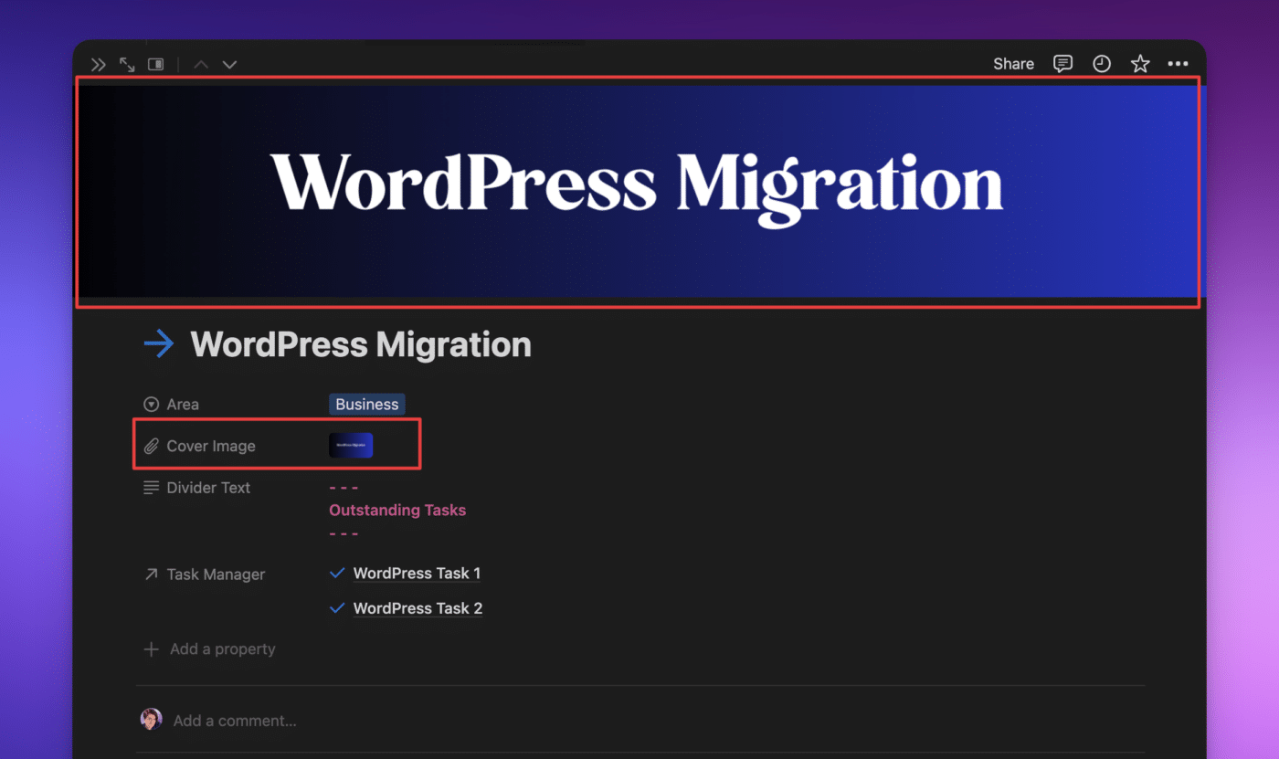 Notion screenshot of inside the WordPress Migration project page. There is a large red box outlining the page cover, and a smaller box outlining the files and media property to show the difference in page percentage used.