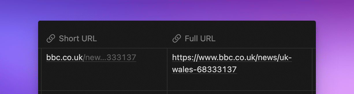 Notion screenshot showing the short version of a URL in a URL property, and the full version of the same URL, side by side
