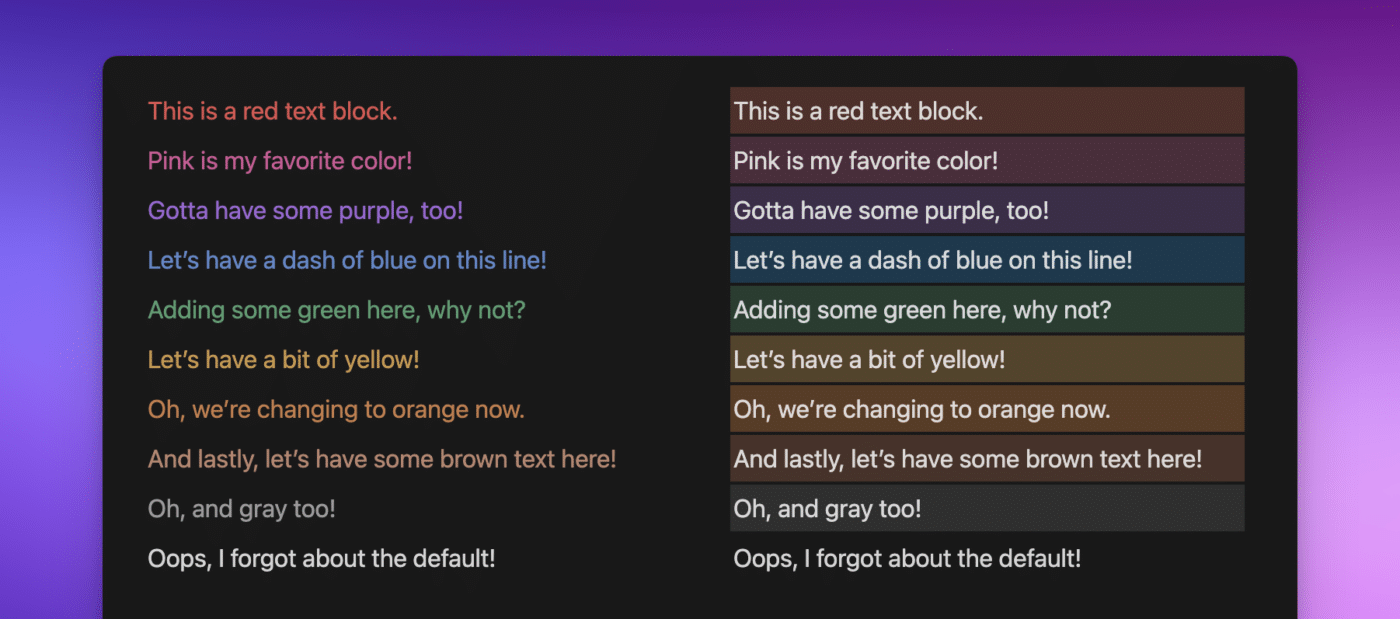 Notion screenshot showing the different font and block colors available.