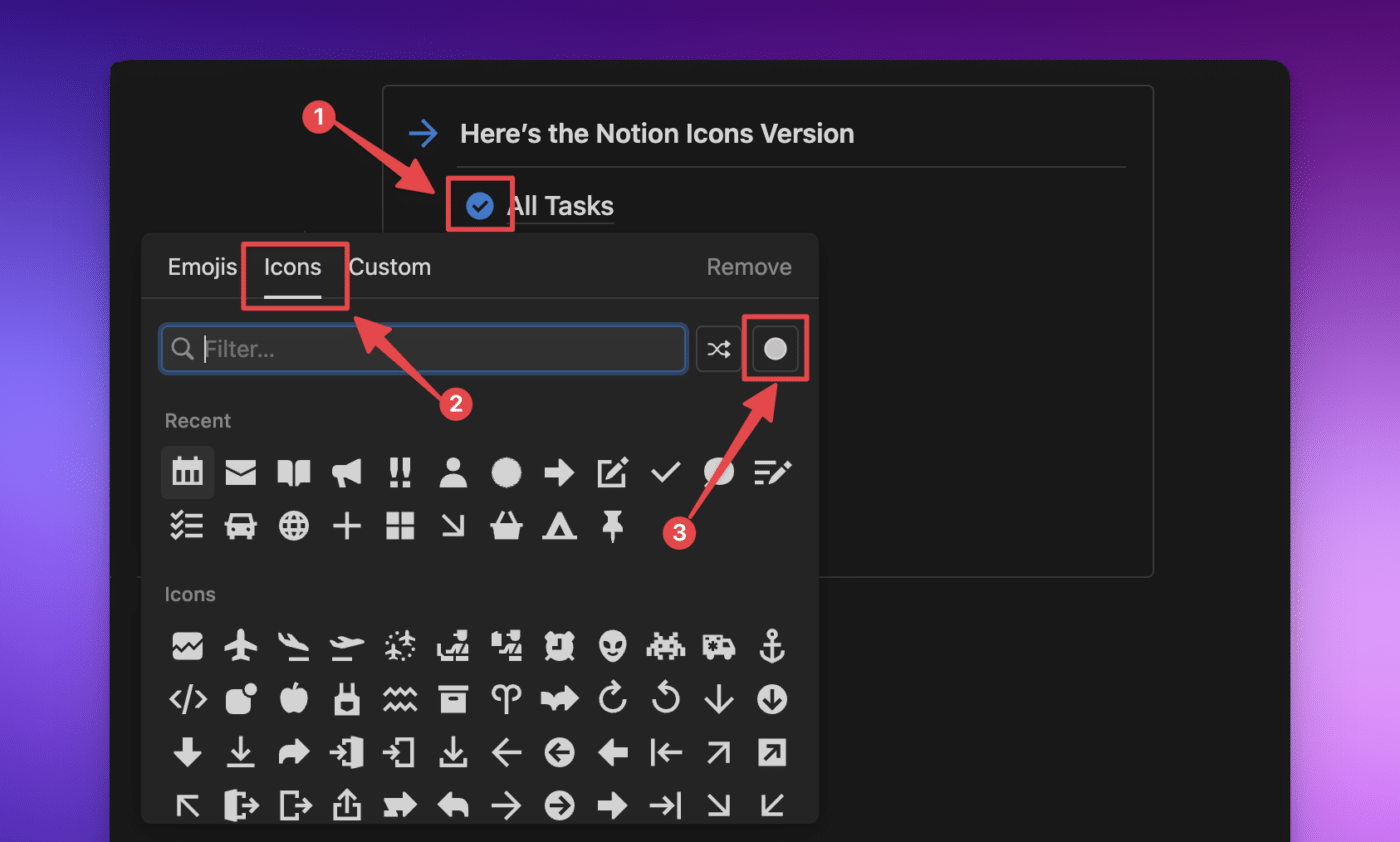 Notion screenshot showing how to pick one of Notion's native icons