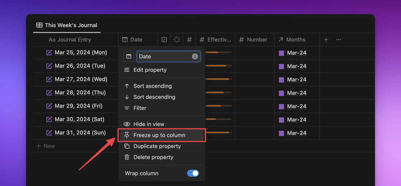 Notion screenshot of the journal database in table view with the property modal open. There is a red box around the "freeze up to column" option with a red arrow pointing to it for emphasis.