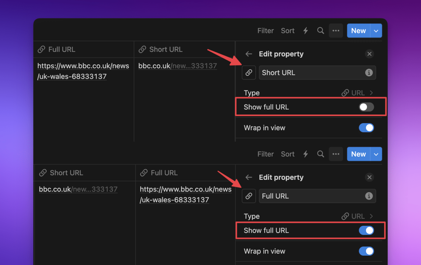 Notion screenshot showing the two ways to view a URL in a URL property. The image at the top shows the URL shortened and the "show full URL" switch is turned off. The bottom image shows the full URL and the "show full URL" switch is on.