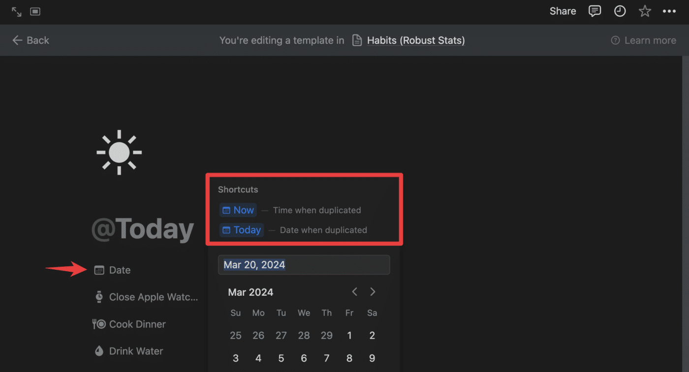 Date property in a database template, showing the dynamic Now and Today values.