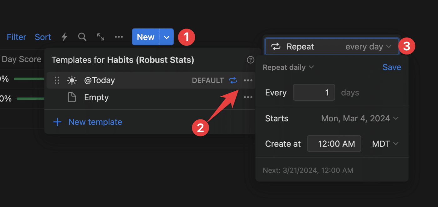 Setting up a Repeating Template in a Notion database.