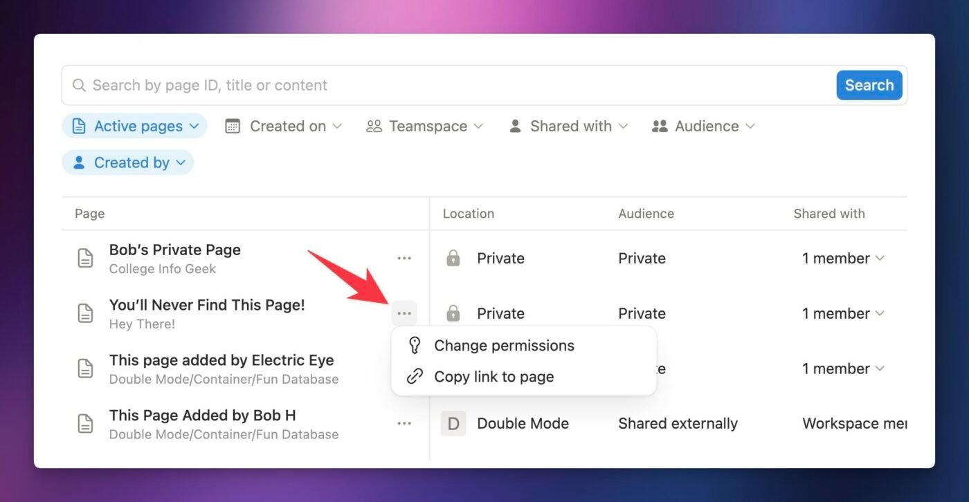 Changing page permissions as a workspace owner. 