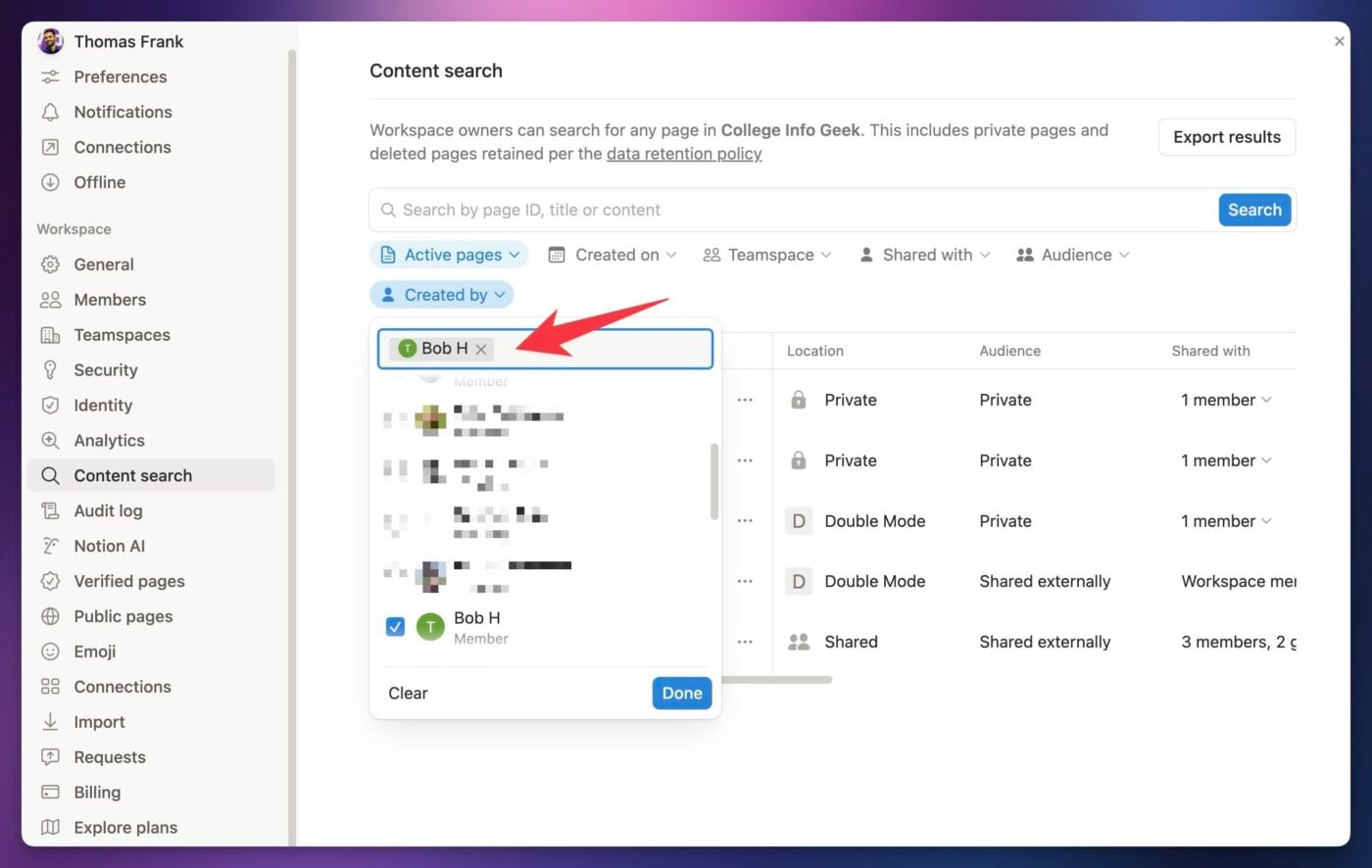 Filtering by a specific user in content search. 
