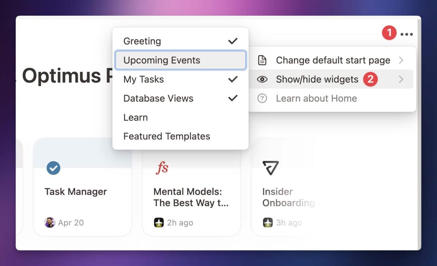 Showing and hiding widgets in Notion Home.