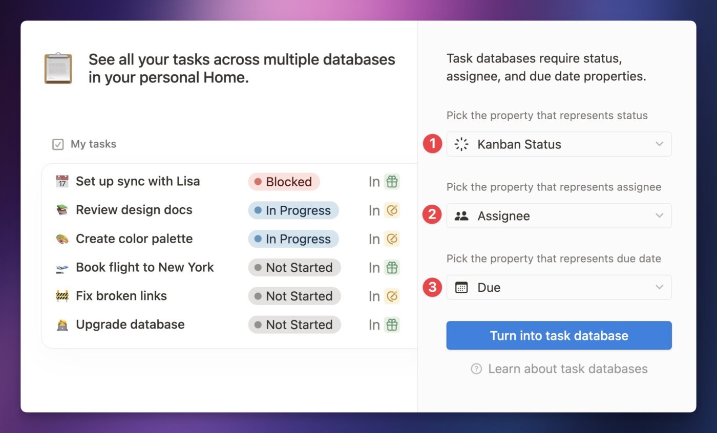 Setting the required properties for the Task database.