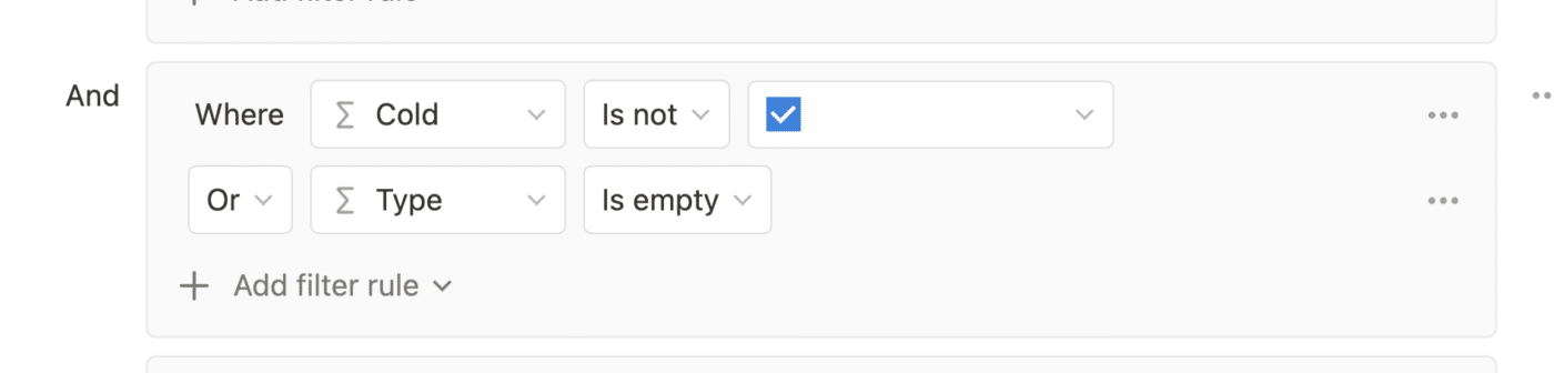 This image shows an "or" filter with a formula that has a read-only, default value, paired with another formula that must have an empy value.