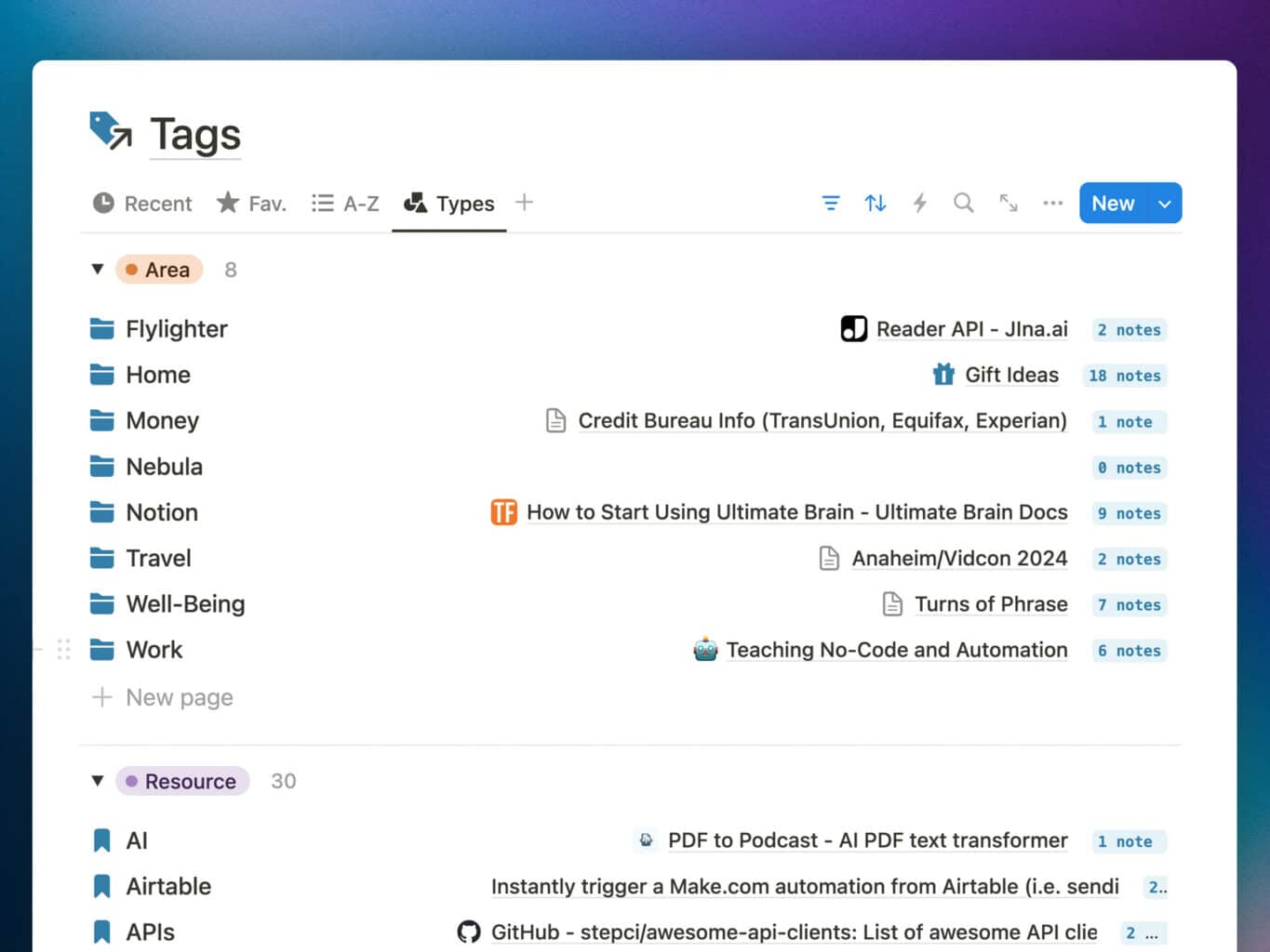 The tags database showing areas from the PARA system.